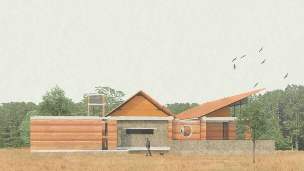 Exterior view of the house in a field architectural design