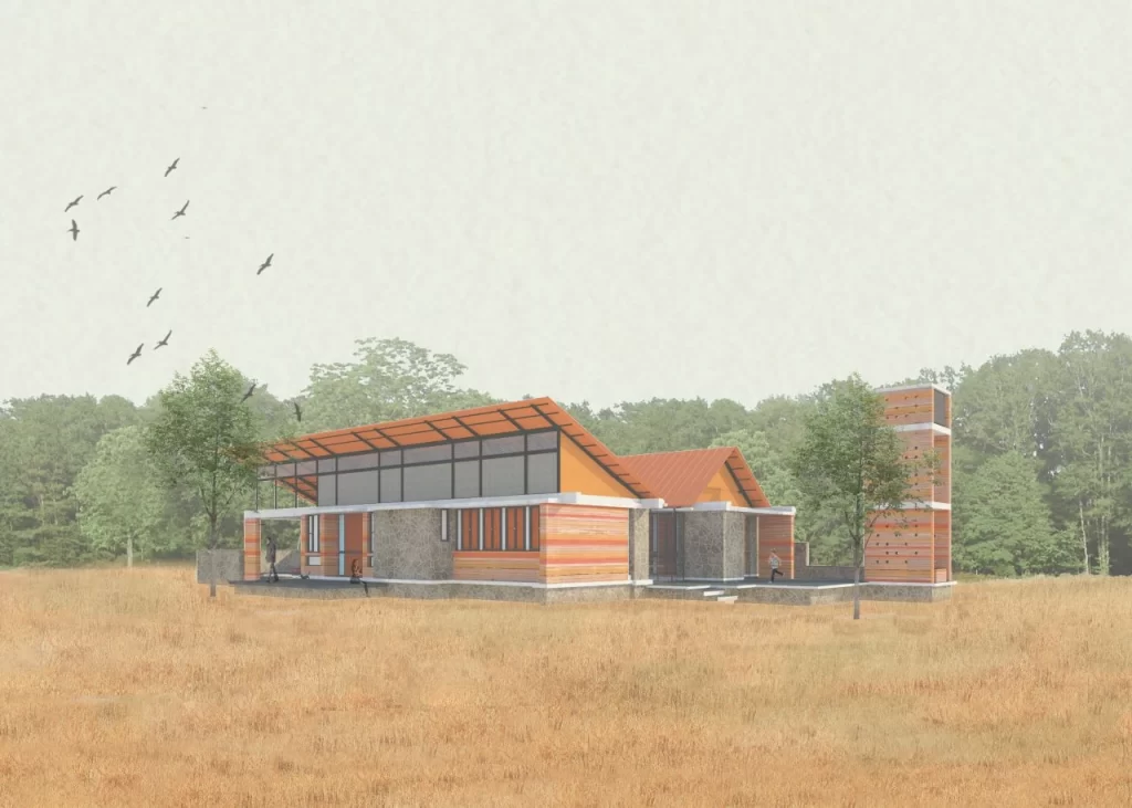 House in a field front elevation and landscape design