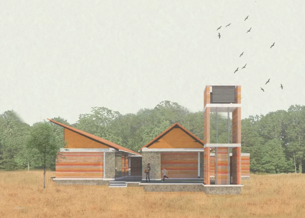 House in a field side view and surrounding environment