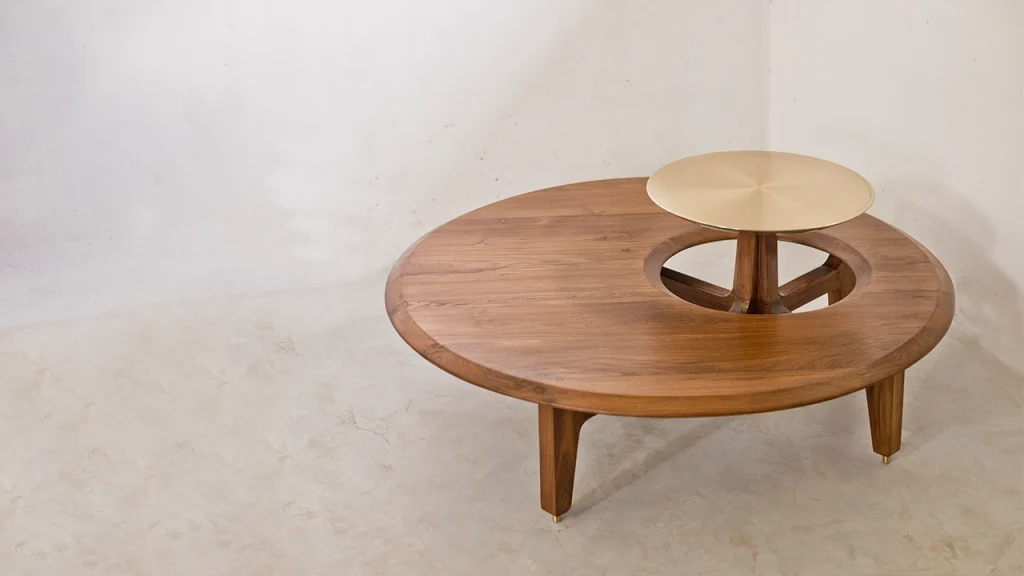 Handcrafted brass top accent table featuring intricate metalwork design