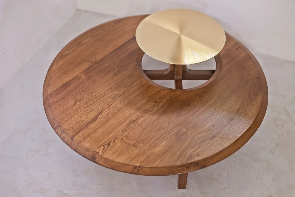Side angle view of the luxury brass top table in a home setting