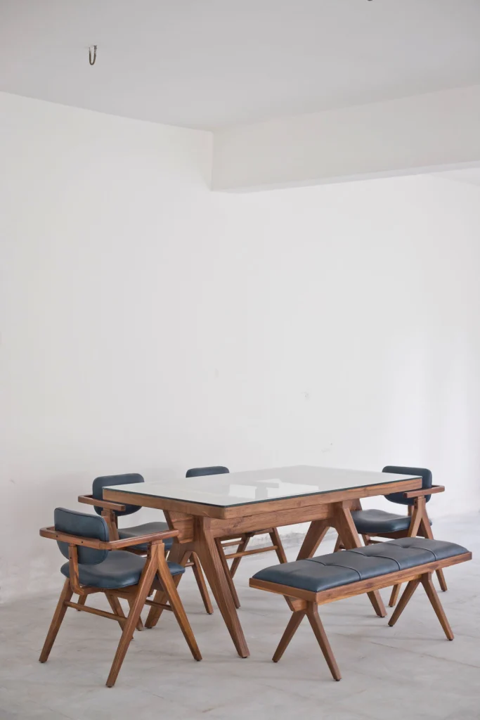Close-up view of dining table craftsmanship and finish