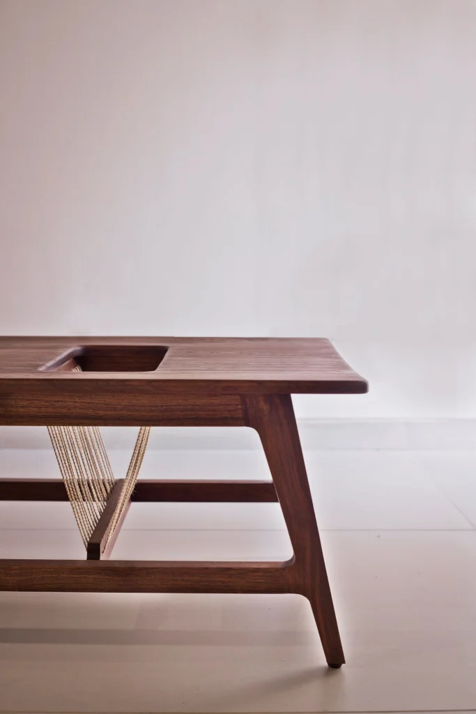 Harp Table side angle showcasing wood craftsmanship