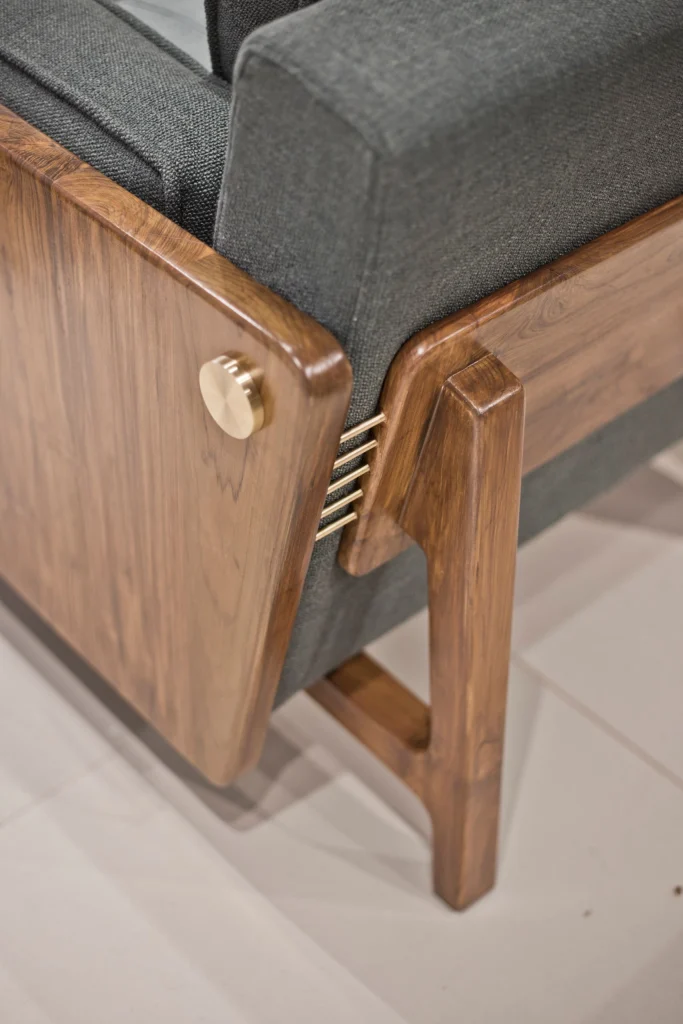 Side angle view of Maitree Sofa showcasing craftsmanship