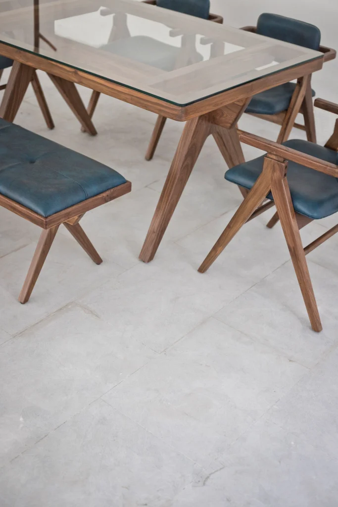 Modern dining table design from a side angle