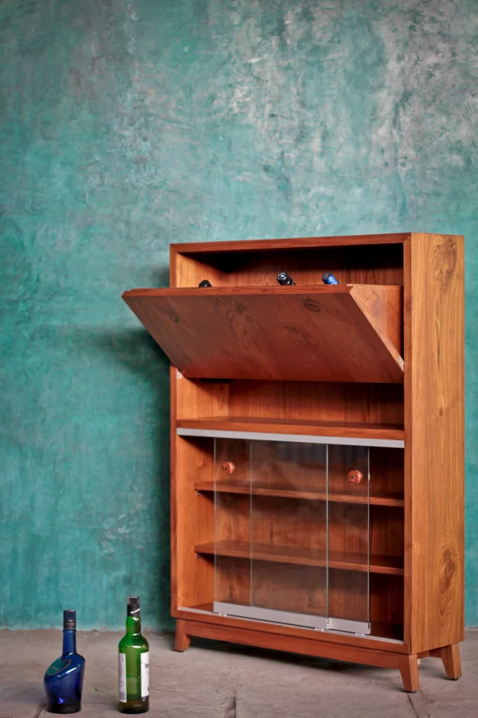 Elfin Bar Cabinet front view open storage design
