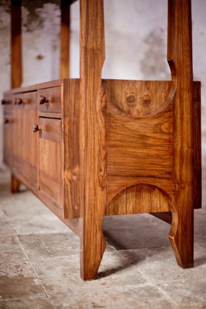 Side angle of the Shelf Help furniture item highlighting finish