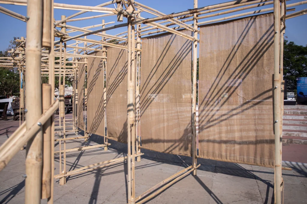 Lighting and seating arrangement inside bamboo alcove