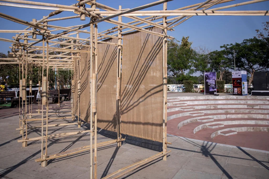 Wide angle view of bamboo alcove space setup