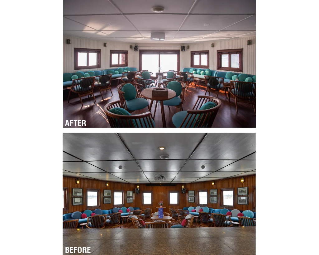 Bengal Ganga cruise lounge space remodel before and after