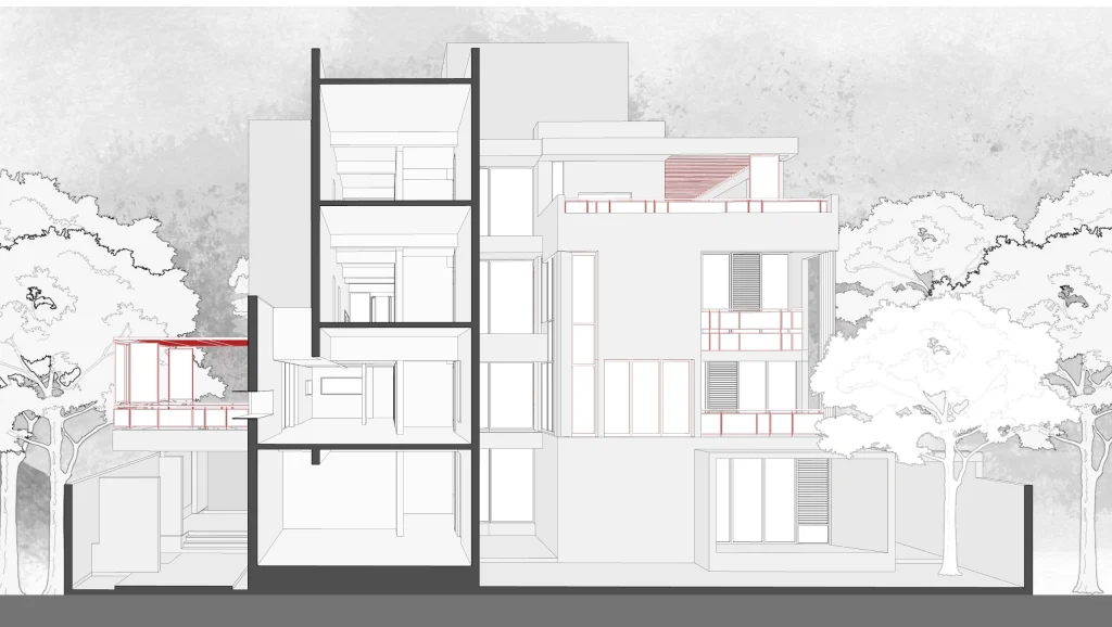 Doshi House architectural cross-section drawing