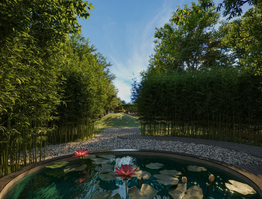 Suria Native Winds lily pond and landscaped mound design